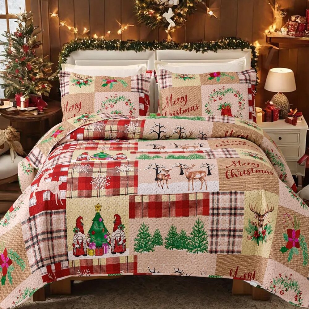 NEW! Christmas Bedding Set Christmas Quilt Bedspread, Gnome Santa Claus Plaid